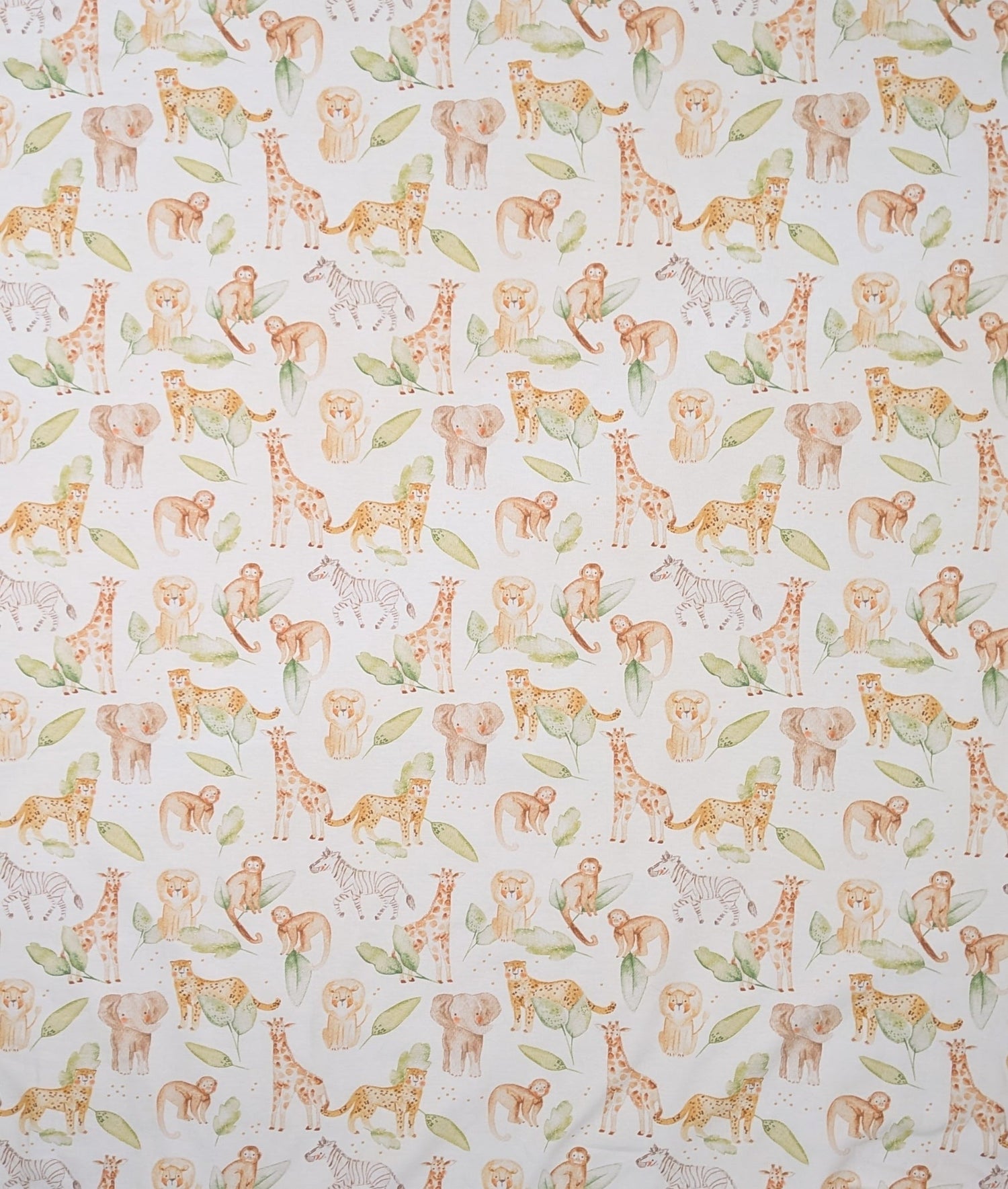 A fabric print showing cute safari animals on a white background by Little Truffles